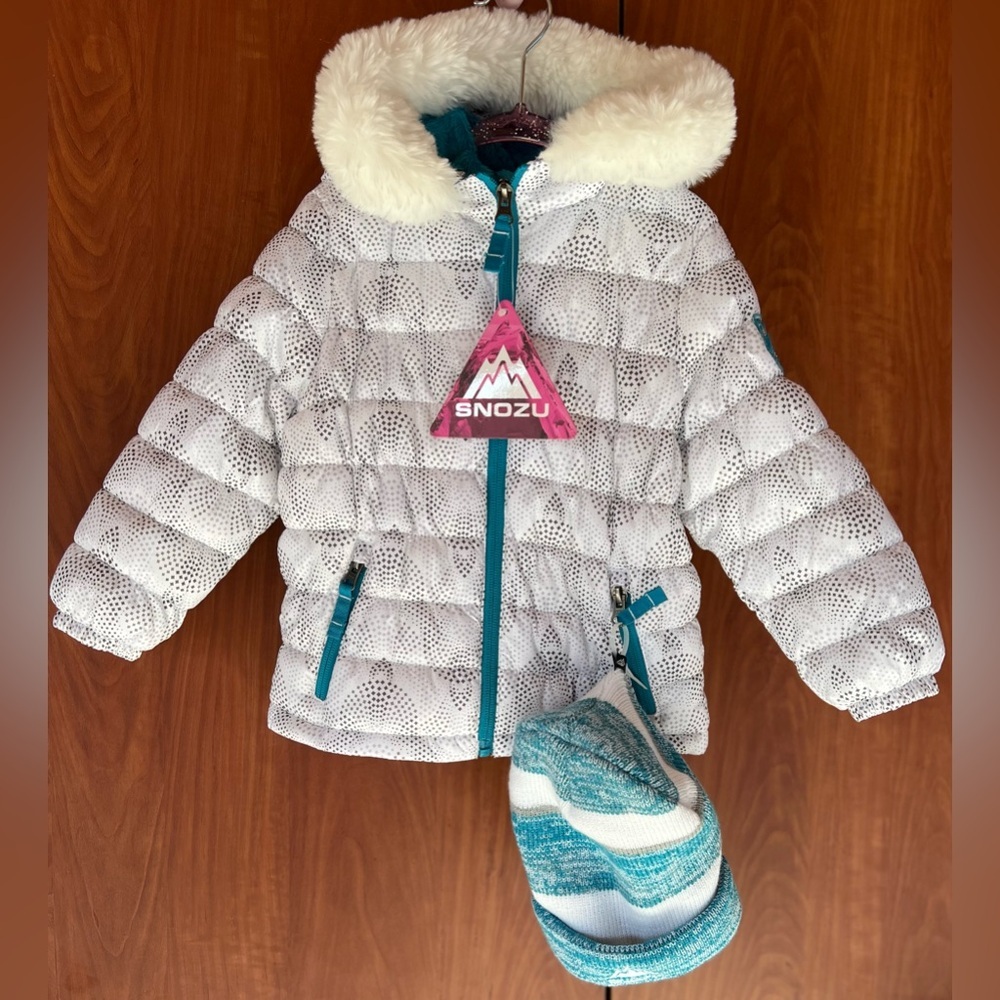 Snozu - White mosaic warm puffy down Jacket w/Beanie Faux Fur (Size 2t ) NWT - Picture 2 of 8